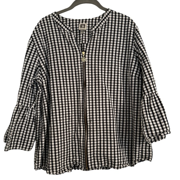 Anne Klein Tops - Ann Klein Zip Up Black/White Gingham Business Casual Workwear Blouse Size XL